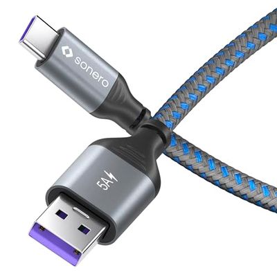 Sonero® USB-C naar USB-A oplaadkabel, mobiele telefoon oplaadkabel, snellaadkabel USB C, USB kabel type C, USB 2.0, 5V/5A, grijs/blauw, 1,00m
