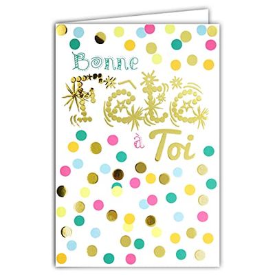 Kaart "Bonne fête à Dich" confetti kleuren roze blauw groen oranje goud gemaakt in Frankrijk