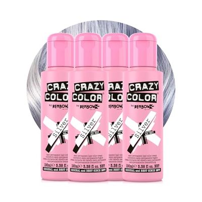 Crazy Color Metallic Silver Semi-Permanent 4 Pack Quad Hair Dye. Highly Pigmented Blonde Toner Conditioning & Oil Nourishing Vegan Formula No Bleach or Ammonia 400ml