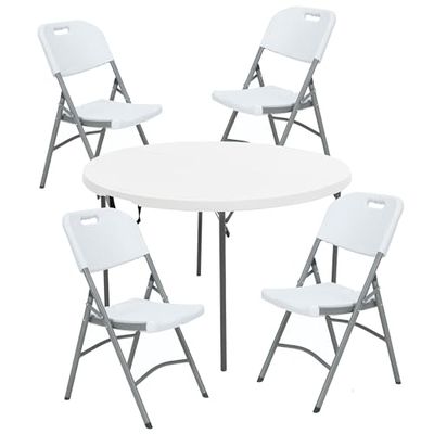 Table Ronde (diamètre 120 cm x 74 cm) et Set de 4 chaises Pliantes 51 x 45 x 85,5 cm, idéal pour l'extérieur