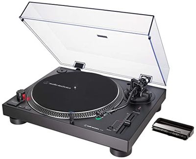 Audio-Technica AT-LP120X, Tocadiscos de Tracción Directa, Negro + Hama Cepillo de Fibras de Carbono para vinilos (Limpieza antiestática de vinilos, Cepillo para vinilos), Negro/Plata