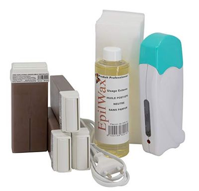 Epilwax Kit Ceretta Completo per Depilazione con Cera - Include 4 Cartucce Roll-on in cera cioccolato, Scaldacartucce, 100 strisce e olio cerante