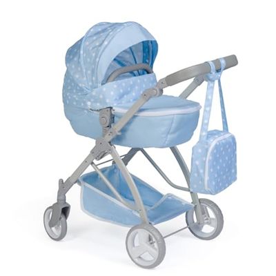 JC Toys - Składany wózek na nadgarstek do 45 cm, koszyk, kaptur, torba spacerowa, regulowana kierownica, zdejmowana torba, idealna do zabawy i spacerów, niebieski, zaprojektowany przez Berenguer