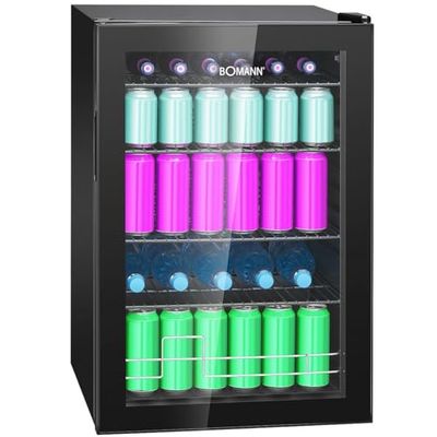 Bomann, Réfrigérateur pour Boissons 115L Noir KSG7290-Noir, Éclairage LED, Contrôle de Température +3°C à +18°C, 4 Étagères Câblées, avec Porte Double Vitrage, Idéal pour Sodas et Bières