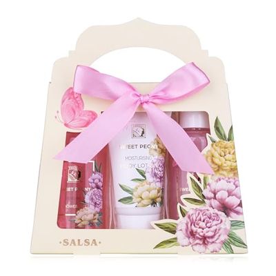 Accentra Set doccia da donna SWEET PEONY in bella confezione regalo – Set di 3 pezzi con gel doccia, lozione per il corpo e bagnoschiuma – Set regalo benessere per San Valentino e festa della mamma