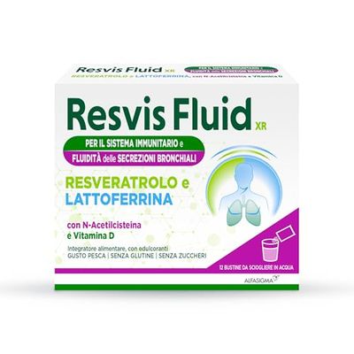 Resvis Fluid XR, Integratore Alimentare di Resveratrolo e Lattoferrina, per il benessere delle vie respiratorie, Con N-Acetilcisteina, Senza Glutine e Zuccheri, 12 Bustine, Gusto Pesca