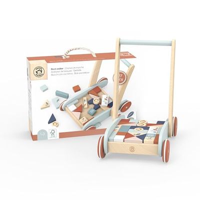 Speedy Monkey SP1005 Loopwagen met bouwstenen en remsysteem voor meer veiligheid, 34,9 x 24,9 x 40 cm, kleurrijk, houten speelgoed voor kinderen, liefdevolle details, leuk cadeau-idee