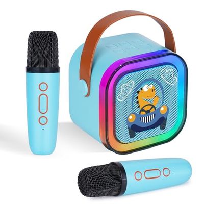 DYNASONIC A29 Karaoké avec Deux Microphones Haut-Parleur Bluetooth Karaoké Enfants Jouet Électronique Enfant Cadeaux pour Enfants 3-15 Ans (Dinosaure)