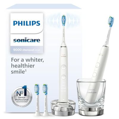 Philips Sonicare DiamondClean 9000 spazzolino elettrico, confezione doppia, spazzolino sonico con app, sensore di pressione, 4 modalità di pulizia, 3 livelli di intensità, bianco, modello HX9914/62
