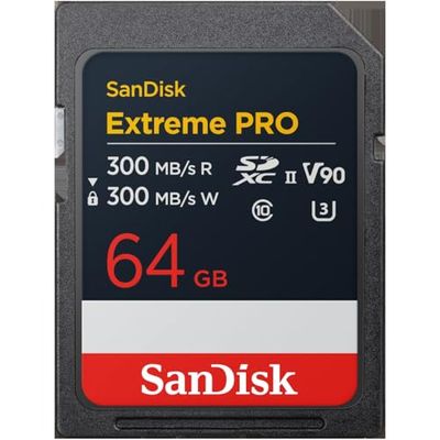 SanDisk Extreme PRO 64GB SDXC UHS-II card, up to 300 MB/s read speeds, 300 MB/s write speeds, V90, Pro-level performance enables cinema-quality 8K video recording