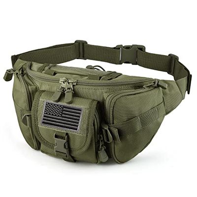 FRTKK - Riñonera táctica Militar con Escudo de Bandera Americana con Correa Ajustable para Exteriores, Pesca, Ciclismo, Camping, Senderismo, Paseos al Perro, Verde Caqui, 19,1-27,6 x 17,9 x 11,9 cm,