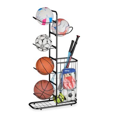 Relaxdays Scaffale per Attrezzatura Sportiva in Acciaio, Ceste per Palloni da Basket, Calcio, Pallavolo, Racchette, Nero, 116x60x23,5 cm