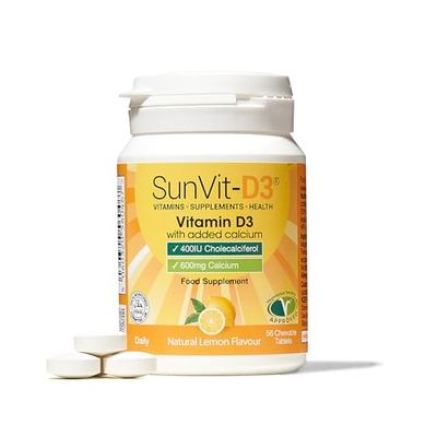 SunVit-D3 Vitamin D3 400IU with Added 600mg Calcium Lemon Tablets - Calcium and Vitamin D Tablets Support The Maintenance of Bone, Teeth, Muscle & Immune System - 56 Lemon Chewable Calcium Tablets