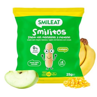 Smileat | Bolsas de Smilitos Ecológicos para Niños | Gusanitos Saludable de Maíz | Sabor Plátano y Manzana | Snack Saludable de Maíz | Alternativa de Merienda Infantil Sana | 1 x 25 g