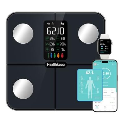 Healthkeep Kroppsfettvåg personlig våg digital våg med kroppsfett och muskelmassa för 15 kroppsdata pulsmätare personer med stor VA-skärm med app för iOS och Android
