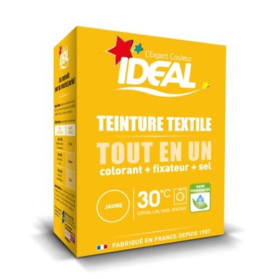 IDEAL - Kit Teinture Tout en Un Mini Jaune - 230 g - Colorant + Fixateur + Sel Inclus - Teinture Textile Longue Tenue - Coton, Lin, Soie, Viscose - Efficace dès 30°C - Fabrication Française