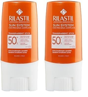 Rilastil Sun system Stick Solare Transparente SPF 50+ per Pelli Sensibili e Zone Delicate, Resistente all'Acqua, 0% Parabeni,Senza profumo, 8,5ml (Confezione da 2)