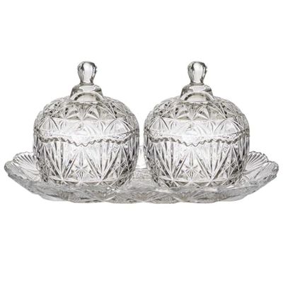 HOME DECO FACTORY, KA0271 - Dúo de cajas para caramelos de cristal sobre bandeja, diseño elegante y versátil, ideal para dulces o decoraciones, resistentes y prácticas, 145 cl, transparentes, juego de