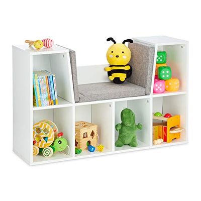 relaxdays Etagère à Livres avec Coussin, pour Enfants avec 6 Compartiments, 63x103x30cm, rembourré, siège.