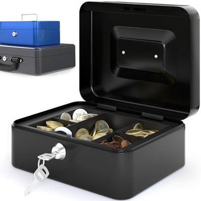 ACROPAQ Caja de efectivo pequeña - Caja de dinero con cerradura, para monedas, de acero - Caja de efectivo, Caja de dinero, Caja registradora, Caja doméstica - Negro, Pequeño - TS0130K