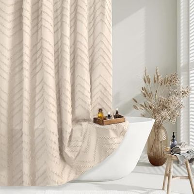 TURKIO Rideau de Douche Beige bohème – 183 x 183 cm – Style Ferme Moderne bohème Chic touffeté à Chevrons texturés à Rayures – Tissu tissé Minimaliste Mignon Beige/crème