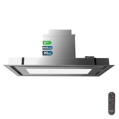 Cecotec Hotte Aspirante 90cm Plafond Intégrable Bolero Flux Tir 908000 Inox A++. Finition Inox, Aspiration 800M3/H, Télécommande, Filtre Charbon, Booster