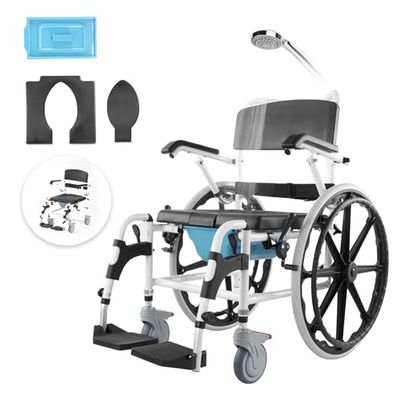 VEVOR Fauteuil Roulant de Douche, 440 mm, Fauteuil Roulant de Salle de Bain en Alliage d'aluminium, capacité de Charge 136 kg, Chaise de Douche roulante réglable avec Frein pour Personnes handicapées
