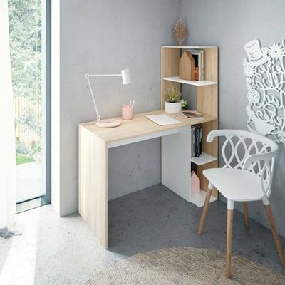Dmora Pittston Desk, Linear Writing Desk with Bookcase, Multi-Purpose Office Table, Space-Saving, 110 x 52 x 136 cm, White and Oak