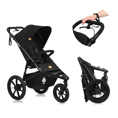 LIONELO Azura - Multifunctionele Jogging Buggy - Kinderwagen, Vanaf 6 Maanden tot 22 kg, Driewieler, Inclusief Regenhoes, Volledige Amortisatie, Reflectoren, Verstelbaar en opvouwbaar (Black Onyx)