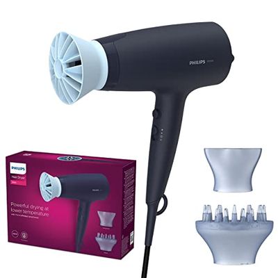 Philips Secador de Pelo Serie 3000, 2100w, 2 Accesorios, Boquilla Estrecha y Disfusor, Tecnologia ThermoProtect, BHD360/20, Negro