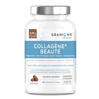 COLLAGENE MARIN + BEAUTE GRANIONS - Collagene et Acide Hyaluronique + Vitamine C + Acerola - Collagene Marin Complement Alimentaire - Collagene Peptides - Goût Chocolat - 120 Comprimés à Croquer