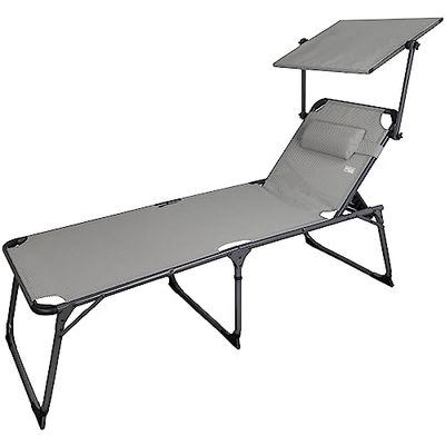 AKTIVE 62613 Chaise Longue Pliante de Plage avec Parasol avec Coussin 193 x 67 x 48 cm, Hauteur Assise 48 cm, Couleur Gris, 5 Positions, Poids Max 100 kg