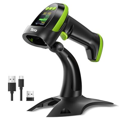 Tera Escáner de códigos de Barras inalámbrico 2D con Soporte: versión Pro con Pantalla de configuración Digital y Teclado Funciona con Bluetooth 2,4 G Wireless Cable USB de Mano Extra rápido HW0009-Z
