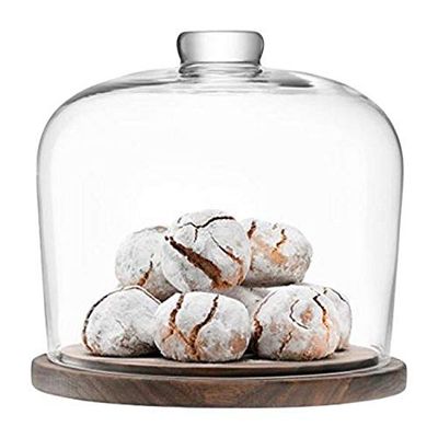 LSA City Dome & Noyer Base Ø 22 cm Transparent | 1 unité | Verre soufflé à la Bouche et Fait à la Main | Bois raboté à la Main | CJ05