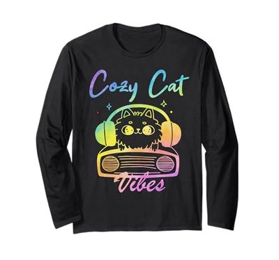 Cozy Cat Vibes Music Chill Cute Kitten Cuffie DJ Y2k Maglia a Manica