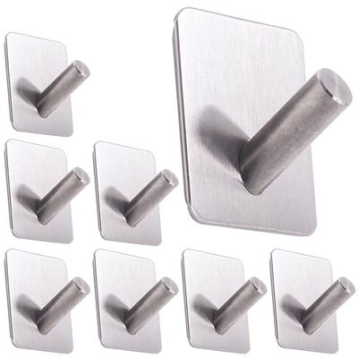 RICOO Ganci Adesivi Bagno e Cucina, Set di 8 Ganci Adesivi, MH021-8, Appendi Accappatoio e Asciugamani Moderni, Appendi accappatoio bagno adesivo, Montaggio a Parete senza Fori, Argento