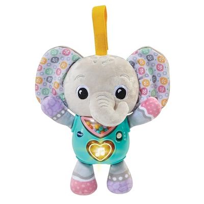 VTech - Peluche musical bebé Pequelefante, juguete bebés 3 meses, elefante de tela con diferentes texturas, tira de velcro para colgar, enseña vocabulario básico, Versión ESP