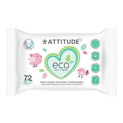 ATTITUDE Biodegradable Baby Wipes, Plant Based Unscented Diaper Wipes for Babies and Newborn, Dermatologically Tested, Vegan, 72 Count