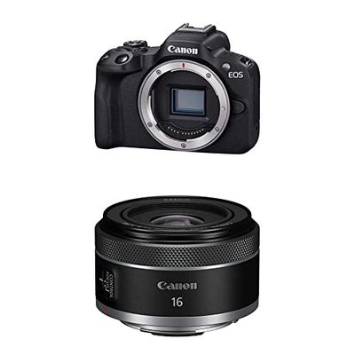 Canon EOS R50 APS-C Mirrorless Nera, 24.2 MP, Fino a 15fps, DIGIC X, Video 4K UHD Fino 30p, Dual Pixel CMOS Auto Focus II, Display Touch Ordinetabile 7.5 cm + CANON Objectif RF 16mm F2.8 STM