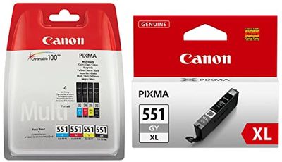 Canon CLI-551 Cartouche C/M/Y/BK Multipack Cyan, Magenta, Jaune, Noire (Multipack plastique) & CLI-551XL Cartouche GY Gris XL (Pack plastique sécurisé)