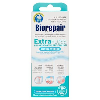 Biorepair, Extra Floss, Fili Ortodontici Pre-Tagliati, 50 Pezzi, Filo Interdentale Antibatterico, Protezione Attiva, Inibisce la Crescita Batterica Fino al 90%, Confezioni 100% Riciclabili