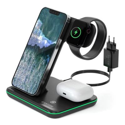 CANYON 3 in 1 draadloze oplader compatibel met iPhone, Watch, Airpods, snel opladen Station voor Qi apparaten, Inductieve opladen Station QC 21W (Zwart - Met draadloze Airpods opladen)
