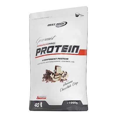 Best Body Nutrition Gourmet Premium Pro Protein, Morcreaux de chocolat et de banane, Shake protéiné à 4 composants: Caséinate, concentré de whey, isolat de whey, protéine d'œuf, sachet zippé de 1 kg