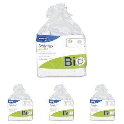 Sterilux Pads BIO - Rectangles De Coton Biologique - Doux - Ne Peluchent Pas - 7,5 x 9,5 cm - 160 Unités (Lot de 4)