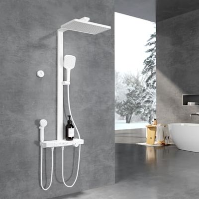 EMKE Columna de Ducha Termostática, Ducha de Mano, Ducha Infantil, 360mm ducha de lluvia de gran tamaño,4 Salidas de Agua, Fácil Instalación,Blanco Mate,1050x600x409 mm