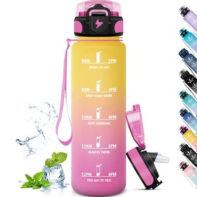 Grsta Vattenflaska för vuxna, vattenflaska med sugrör, motiverande vattenflaska med tidsskala, 1 liter plastflaska, för sport, vandring, cykling, camping