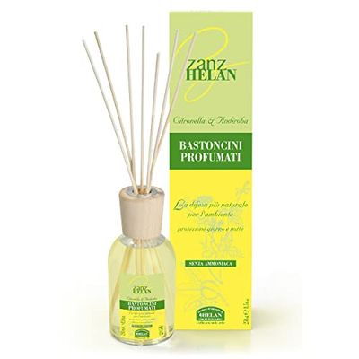 Helan, Zanzhelan, Profumatore per Ambienti, Diffusore Ambiente con Bastoncini Legno Profumati Antizanzare - Profumo Ambiente e Repellente Zanzare con Olio di Neem e Citronella, 250 ml - Made in Italy