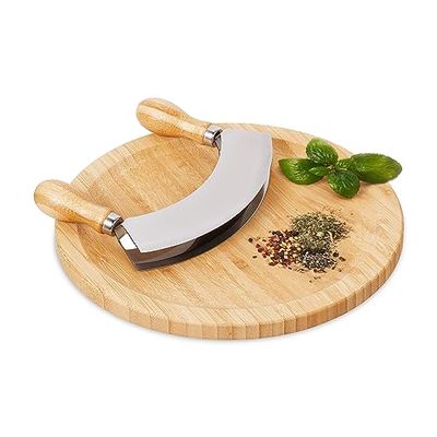 Relaxdays Vägkniv med bräda, bambu och rostfritt stål, tvåskärnig örtkniv, örtbräda Ø 25 cm, natur/silver