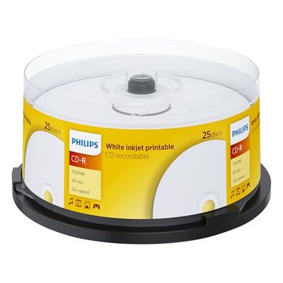 Philips CD-R bedrukbaar (700 MB / 80 minuten, 52x snelheid, 25 stuks Spindel, White Inkjet Printable)