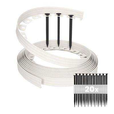 Gardenix LineBorder - Bordure de Gazon Flexible - en Plastique - 20 piquets - Longueur : 10 m - Hauteur : 4 cm - Gris Clair